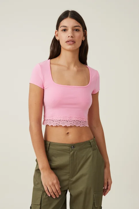 COTTON ON Áo Thun Ngắn Tay Nữ-Katie Lace Hem Short Sleeve Top