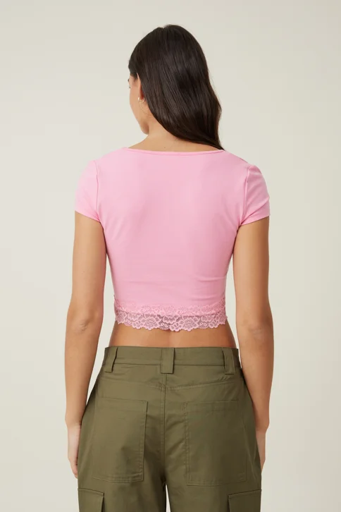 COTTON ON Áo Thun Ngắn Tay Nữ-Katie Lace Hem Short Sleeve Top