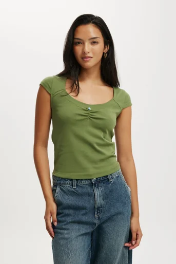 COTTON ON Áo Kiểu Ngắn Tay Nữ-Sarah Rosette Square Neck Short Sleeve