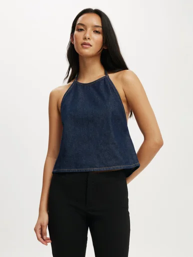 COTTON ON Áo Kiểu Hở Lưng Nữ-Ali Denim Halter Top