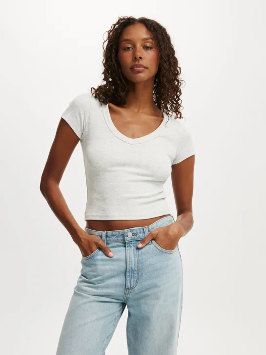 COTTON ON Áo Thun Ngắn Tay Nữ-Goldie Rib V Neck Short Sleeve
