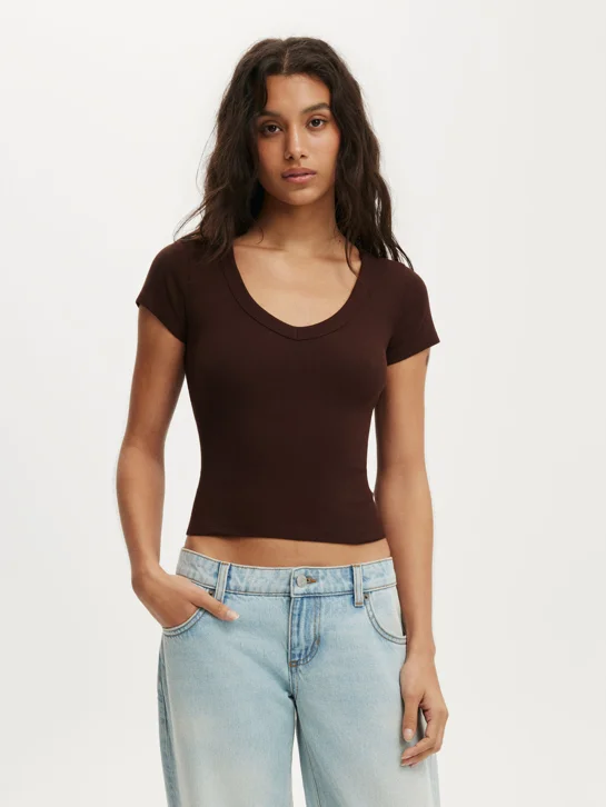 COTTON ON Áo Thun Ngắn Tay Nữ - Goldie Rib V Neck Short Sleeve