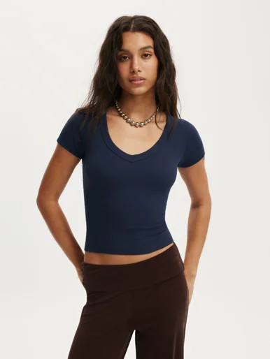 COTTON ON Áo Thun Ngắn Tay Nữ-Goldie Rib V Neck Short Sleeve