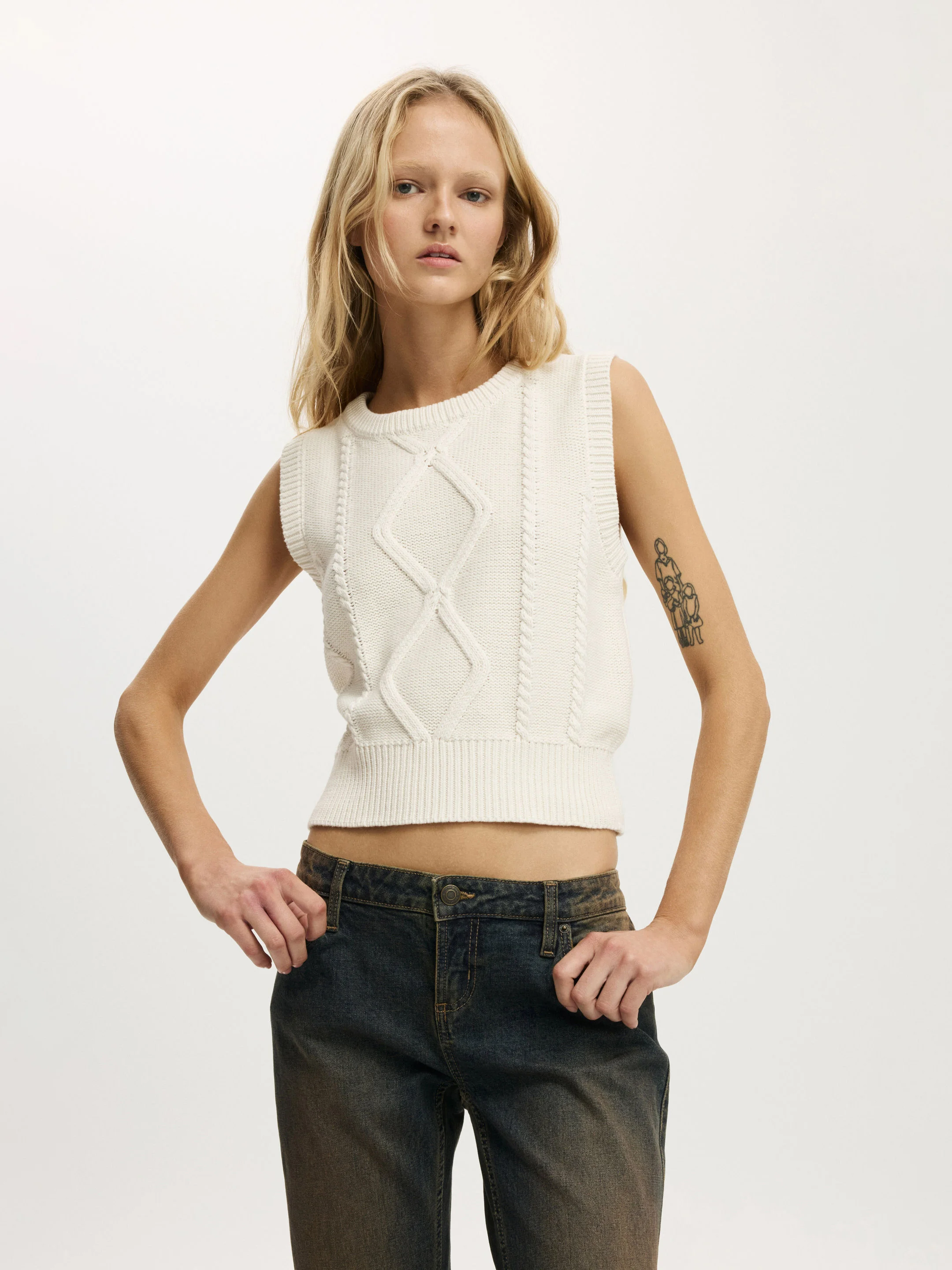 COTTON ON Áo Gile Kiểu Ngắn Tay Nữ-Cotton Cable Vest