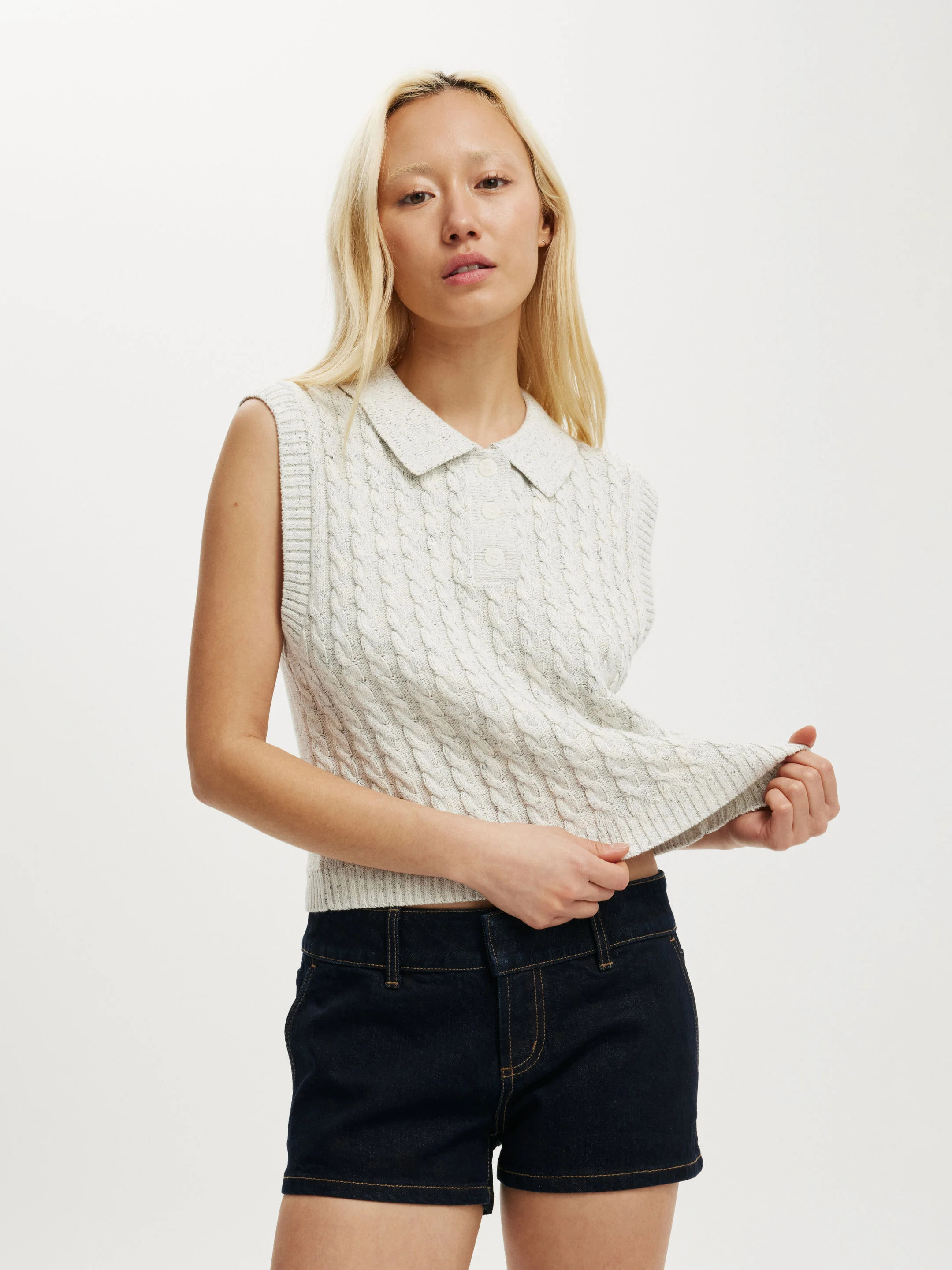 COTTON ON Áo Len Cộc Tay Nữ-Cotton Collared Vest