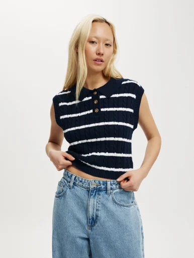 COTTON ON Áo Len Cộc Tay Nữ-Cotton Collared Vest
