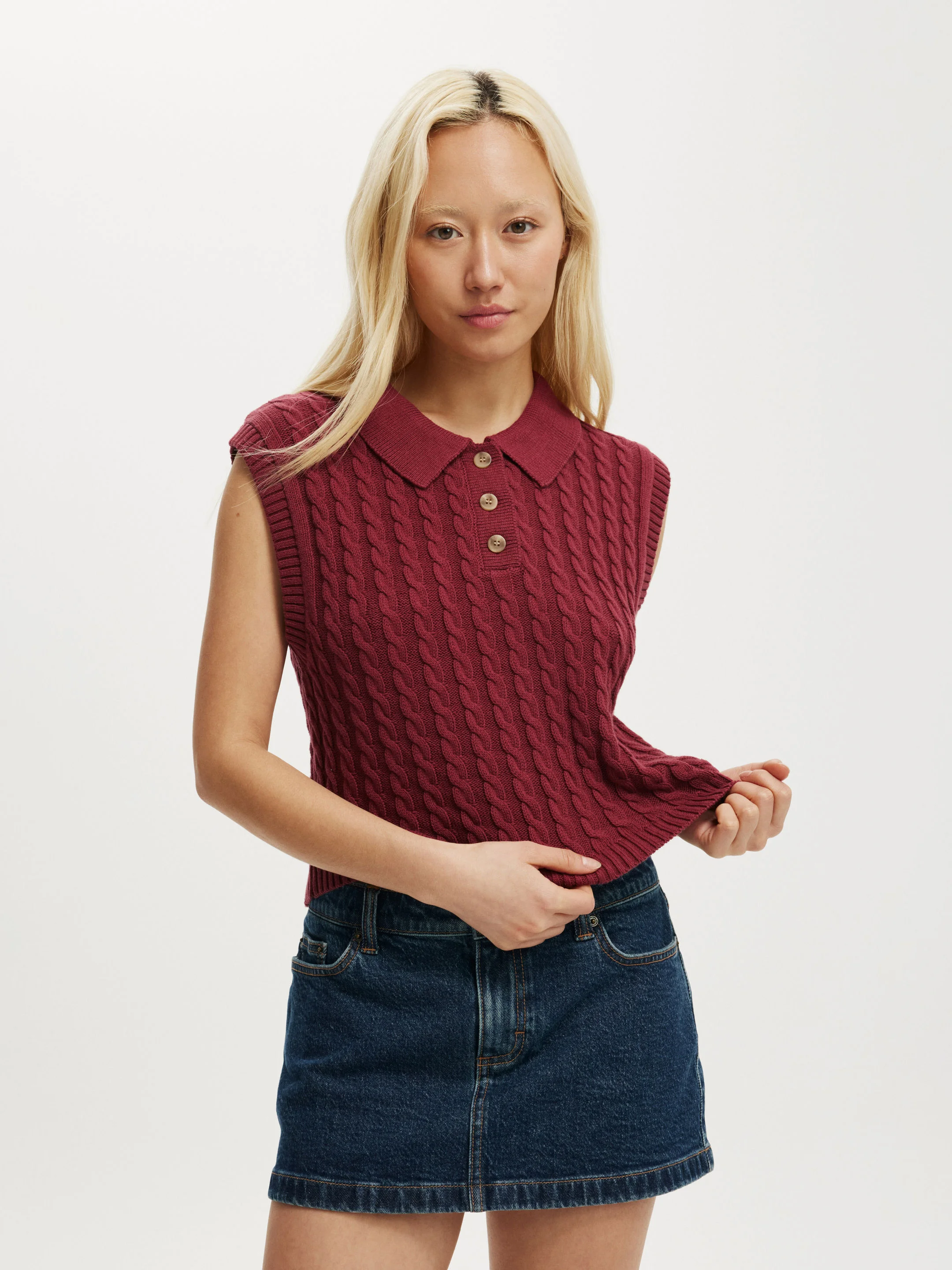 COTTON ON Áo Len Cộc Tay Nữ-Cotton Collared Vest