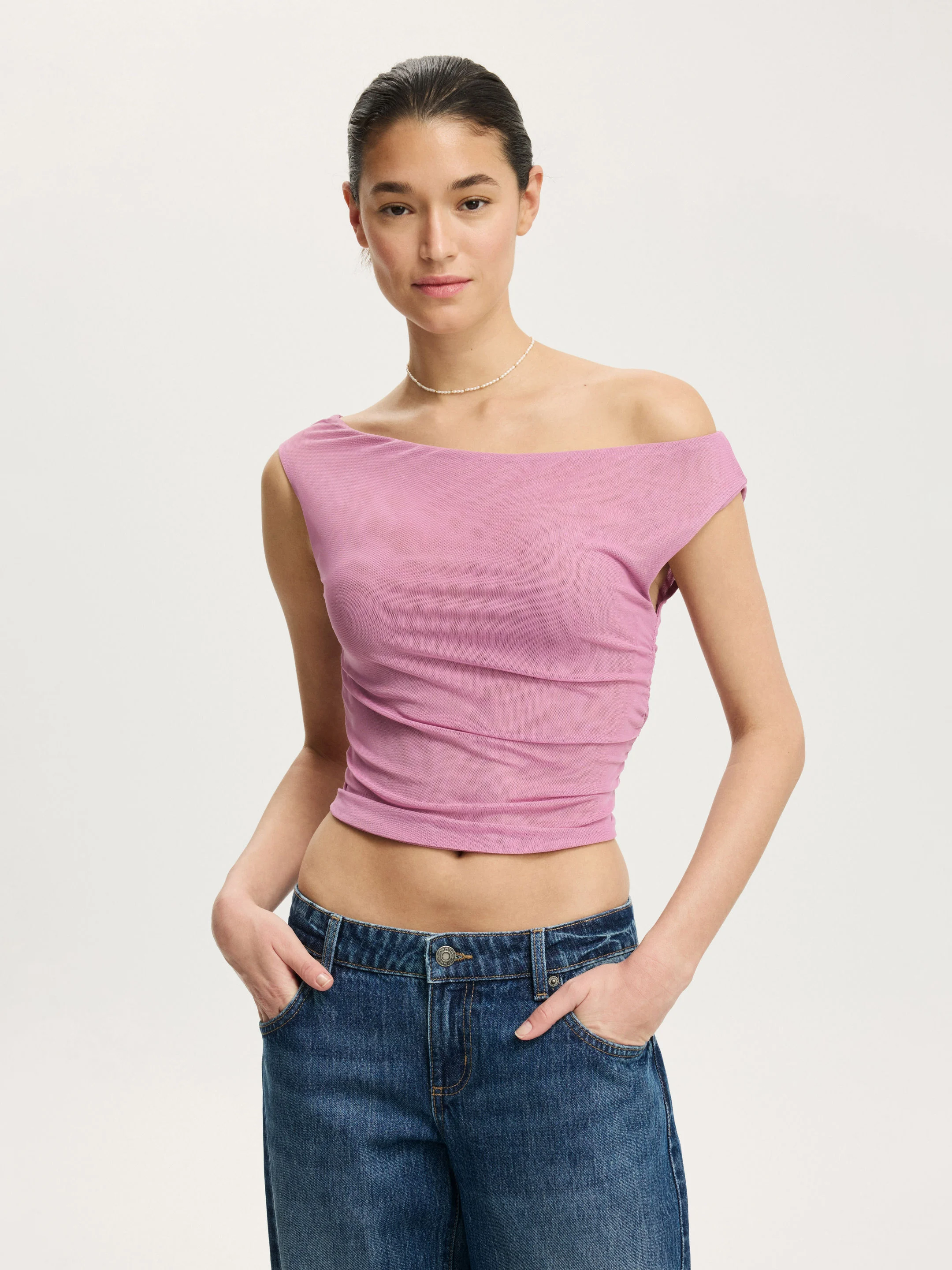 COTTON ON Áo Kiểu Lệch Vai Nữ-Gathered Mesh Off Shoulder Top