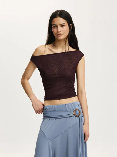 COTTON ON Áo Kiểu Lệch Vai Nữ - Gathered Mesh Off Shoulder Top