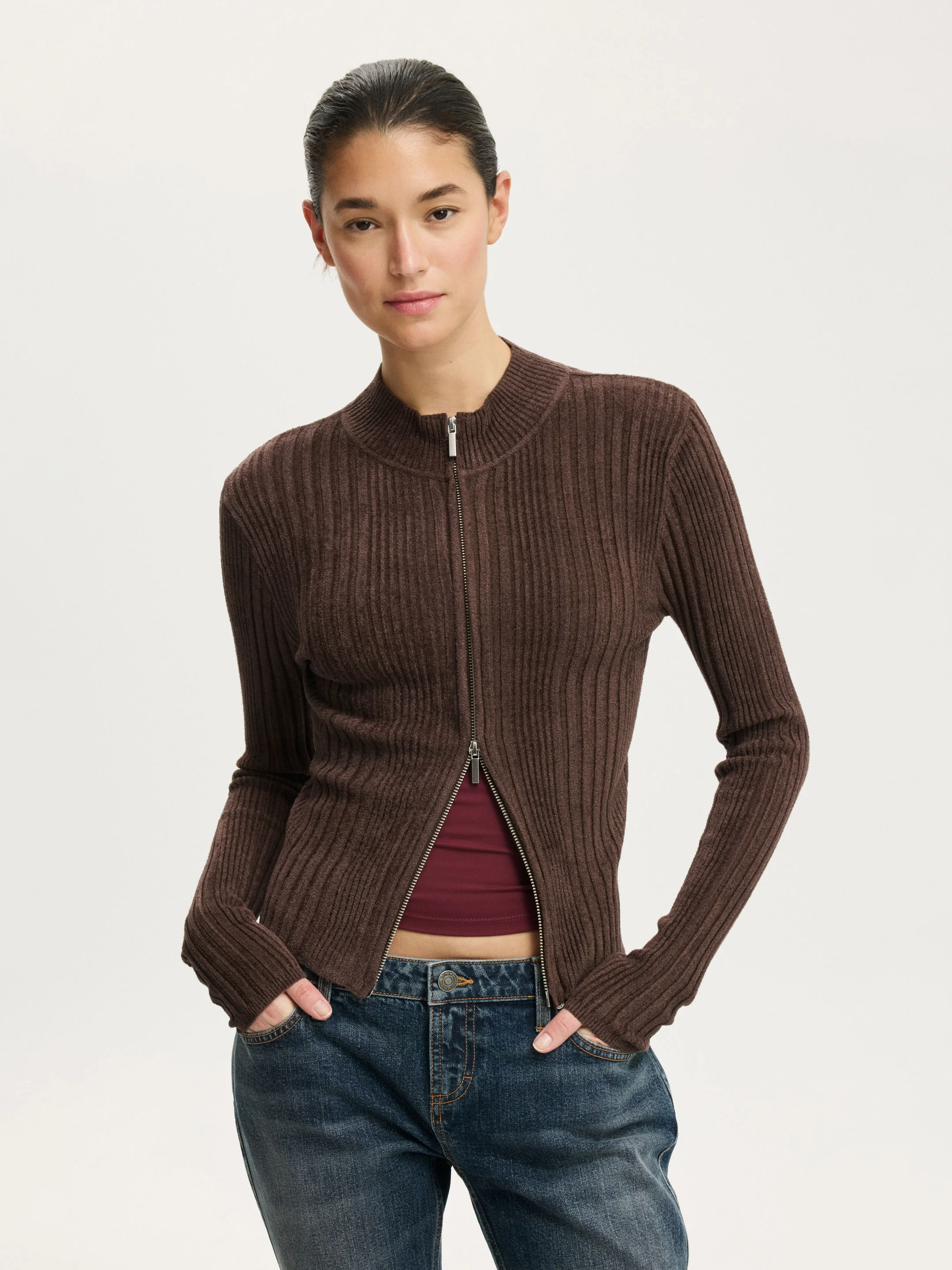 COTTON ON Áo Khoác Len Dài Tay Nữ-Variegated Rib Zip Through