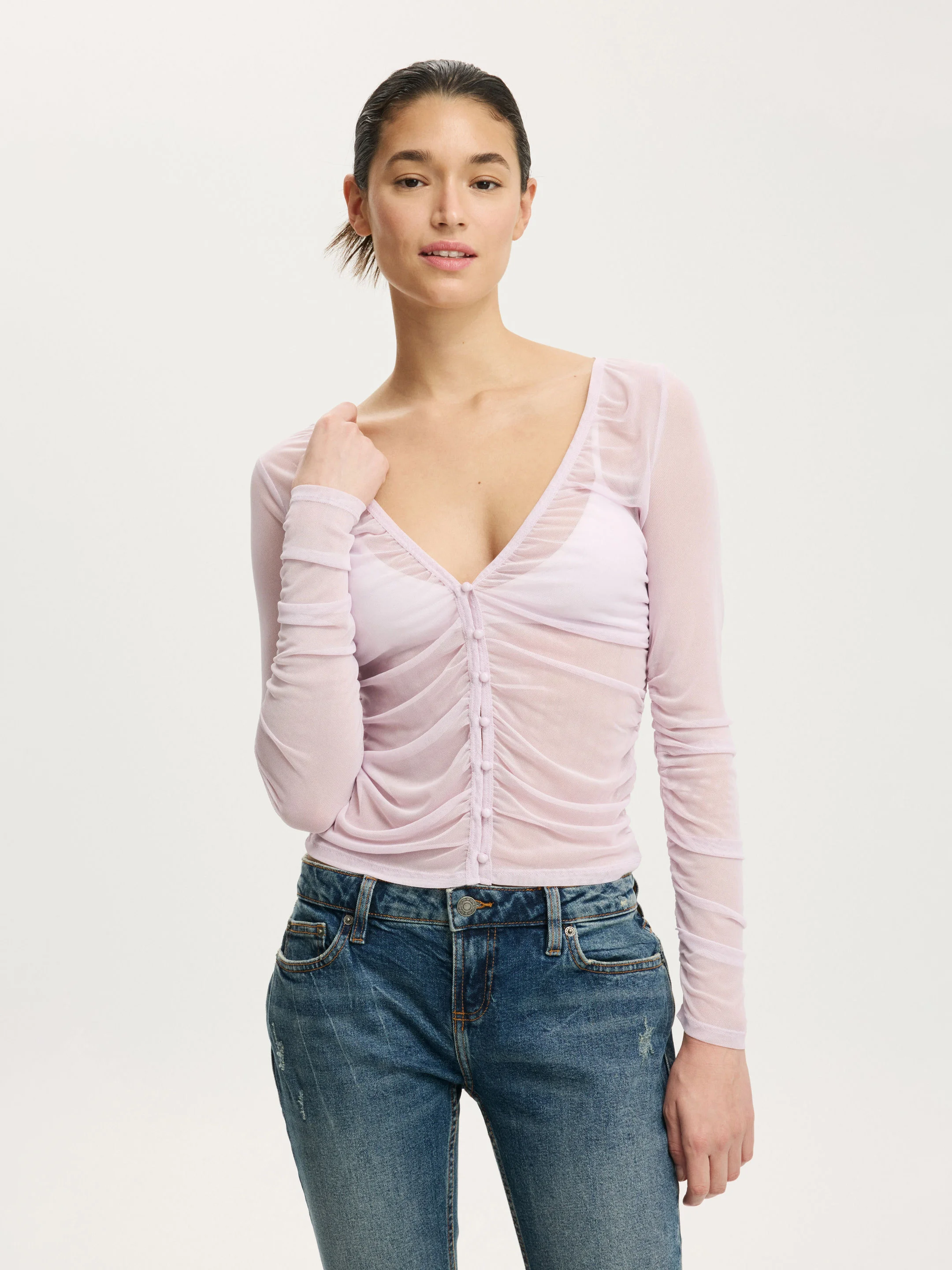 COTTON ON Áo Kiểu Dài Tay Nữ-Alix Mesh Button Through Long