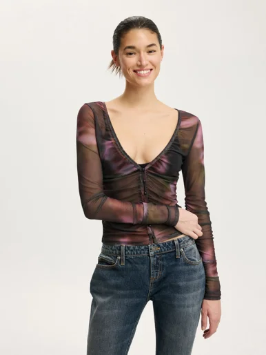 COTTON ON Áo Kiểu Dài Tay Nữ-Alix Mesh Button Through Long