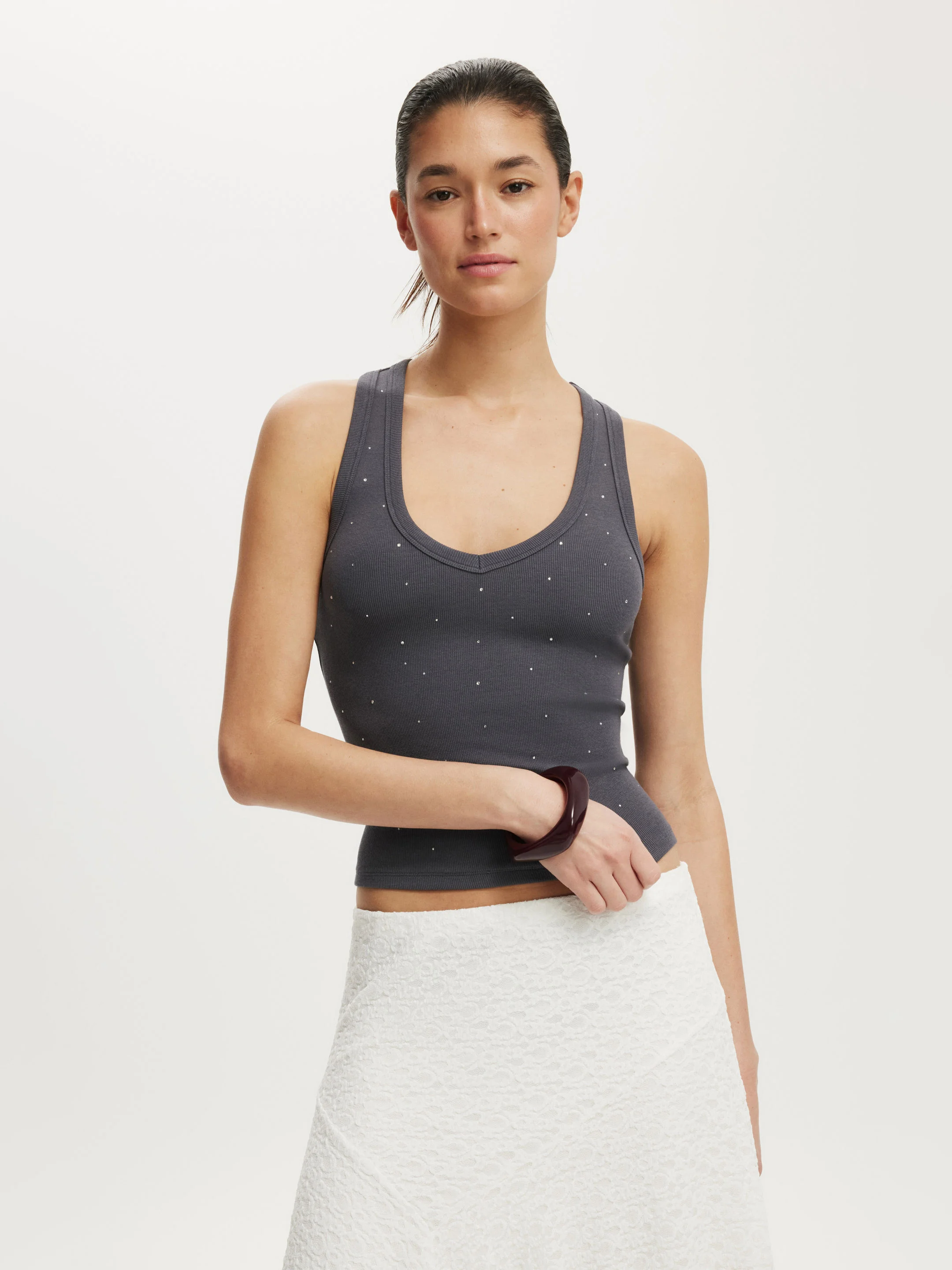 COTTON ON Áo Thun Cộc Tay Nữ - Diamante Racer Back