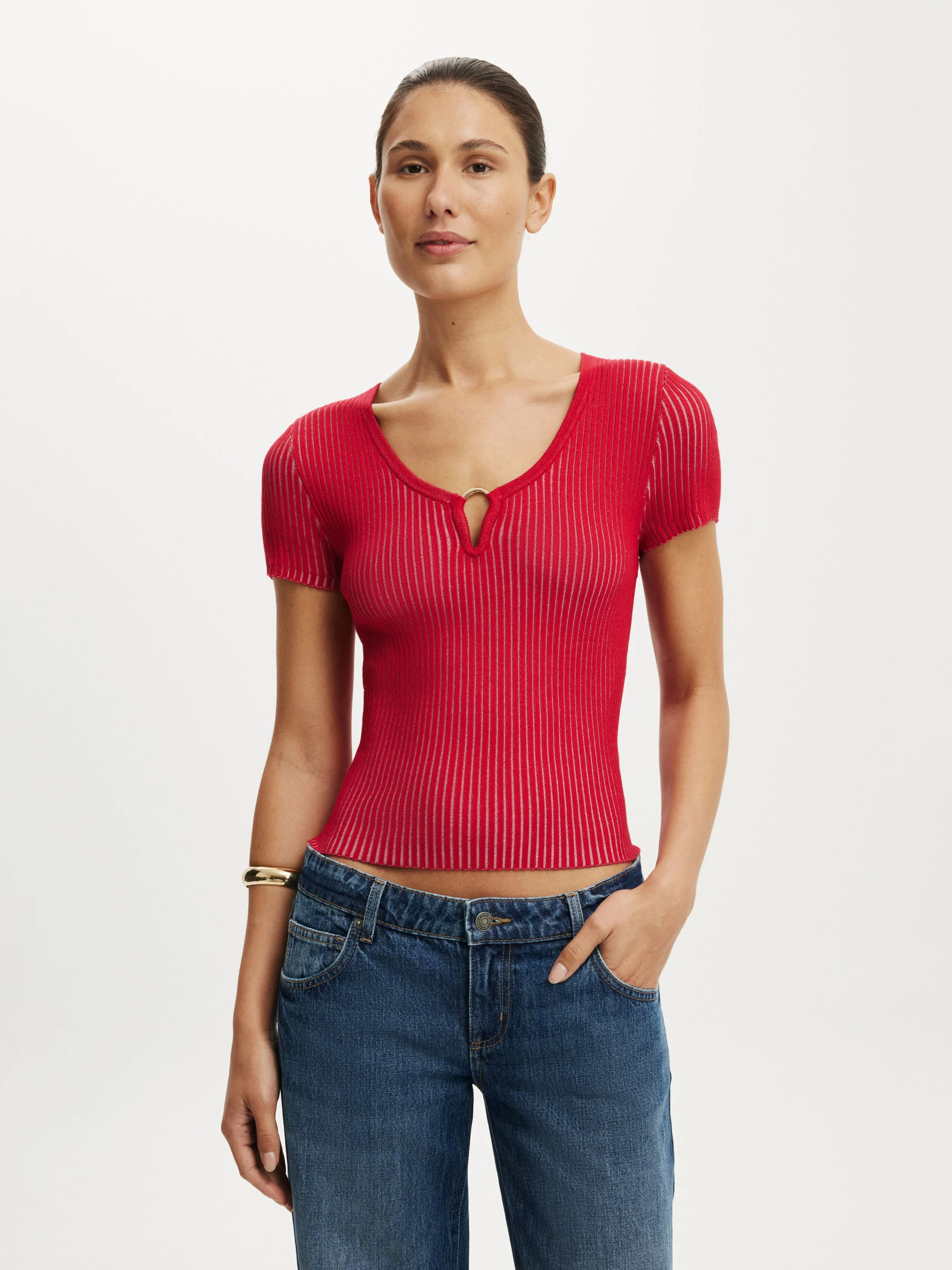 COTTON ON Áo Len Ngắn Tay Nữ - Two Tone Rib Keyhole Ss Knit