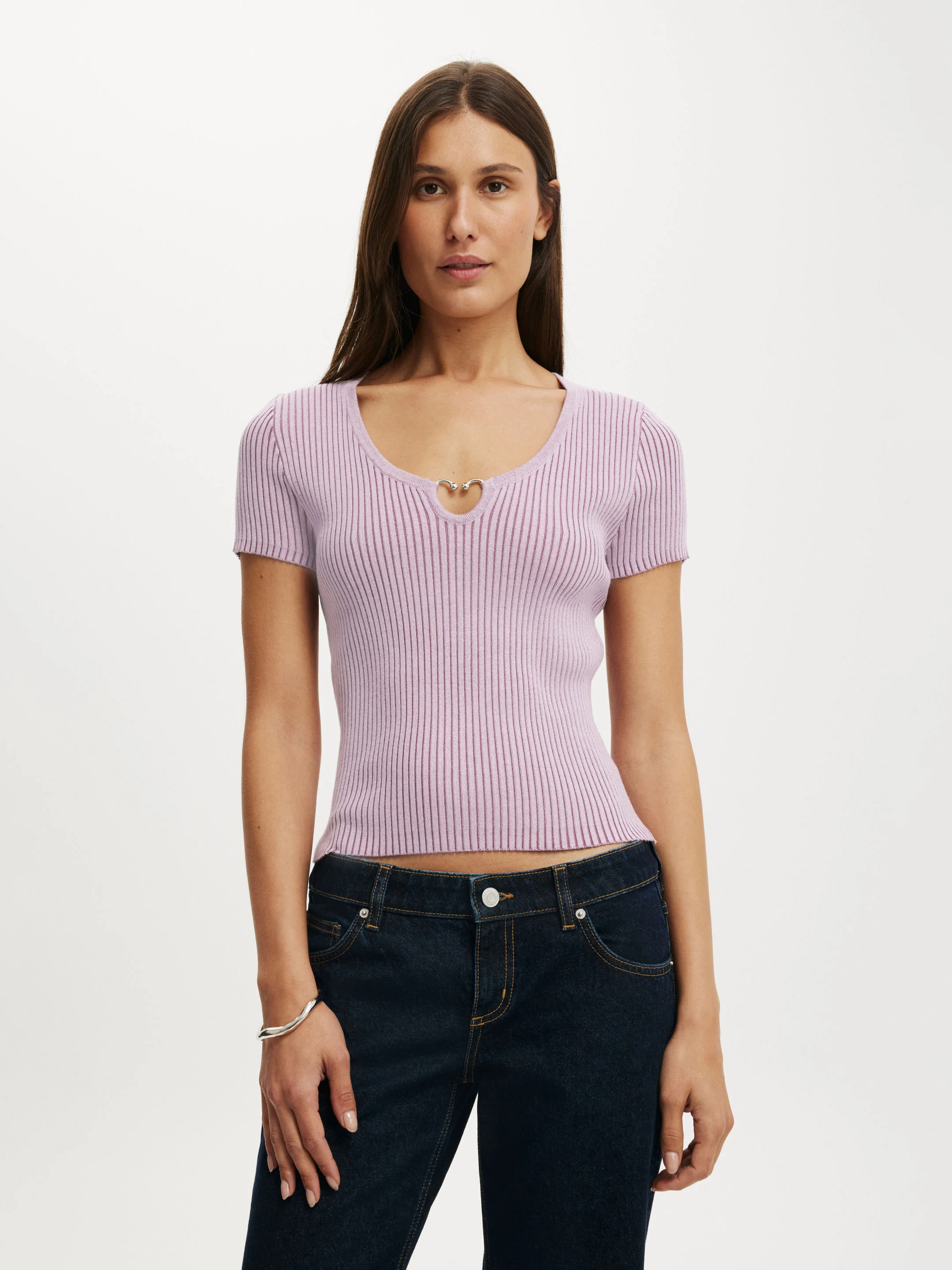 COTTON ON Áo Len Ngắn Tay Nữ - Two Tone Rib Keyhole Ss Knit