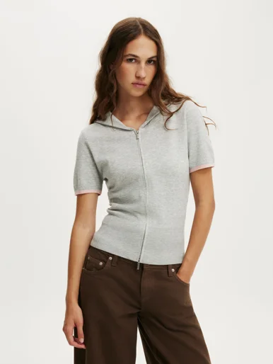 COTTON ON Áo Len Ngắn Tay Nữ - Cap Slv Sara Hooded Zip Knit