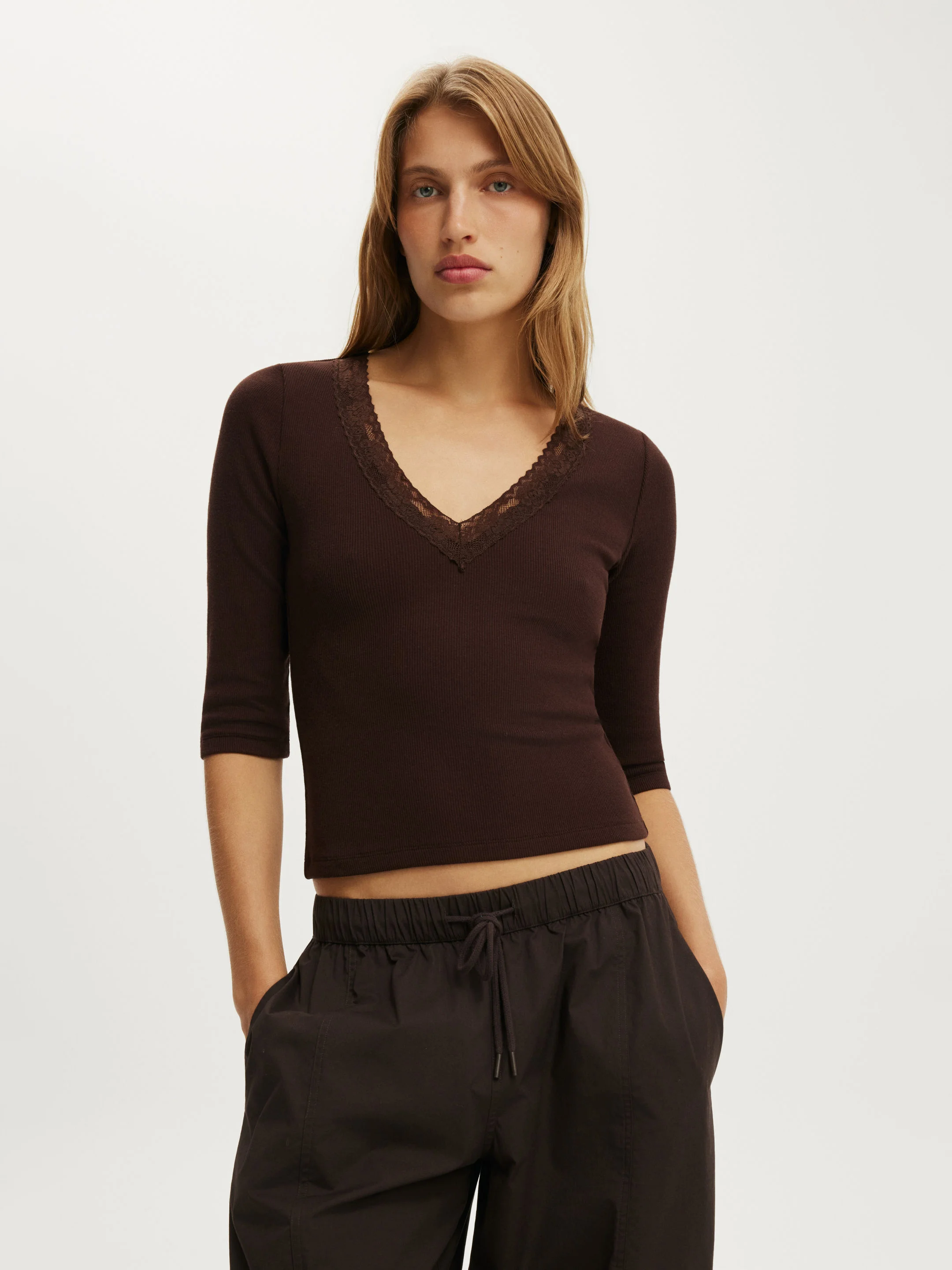 COTTON ON Áo Thun Tay Lửng Nữ - Eva Lace 3/4 Top