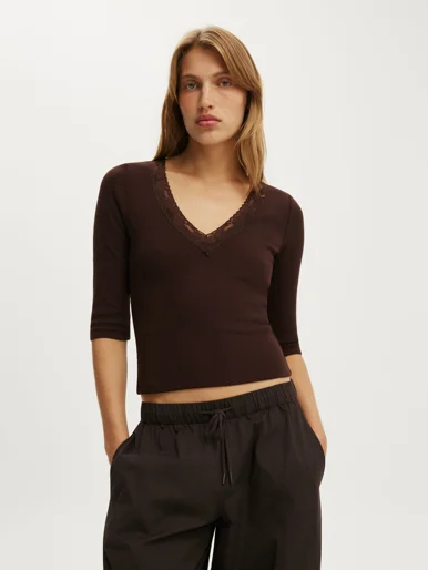COTTON ON Áo Thun Tay Lửng Nữ - Eva Lace 3/4 Top