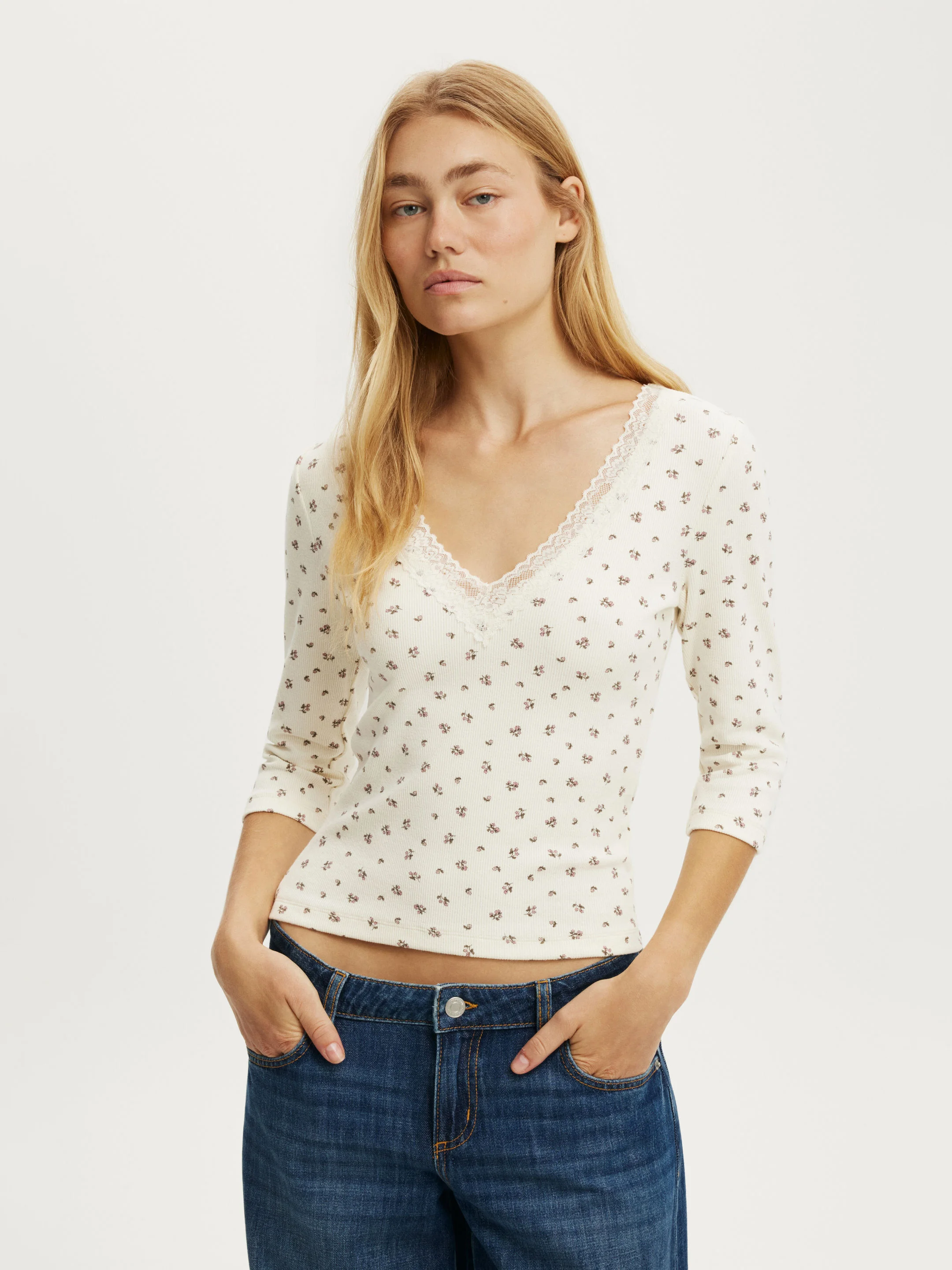COTTON ON Áo Thun Tay Lửng Nữ - Eva Lace 3/4 Top