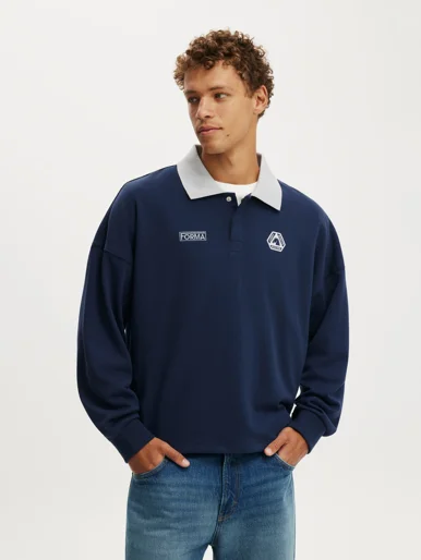 COTTON ON Áo Polo Dài Tay Nam - Cropped Fit Gra Fleece Polo