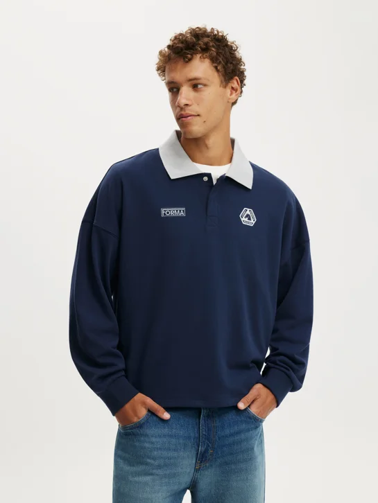COTTON ON Áo Polo Dài Tay Nam - Cropped Fit Gra Fleece Polo