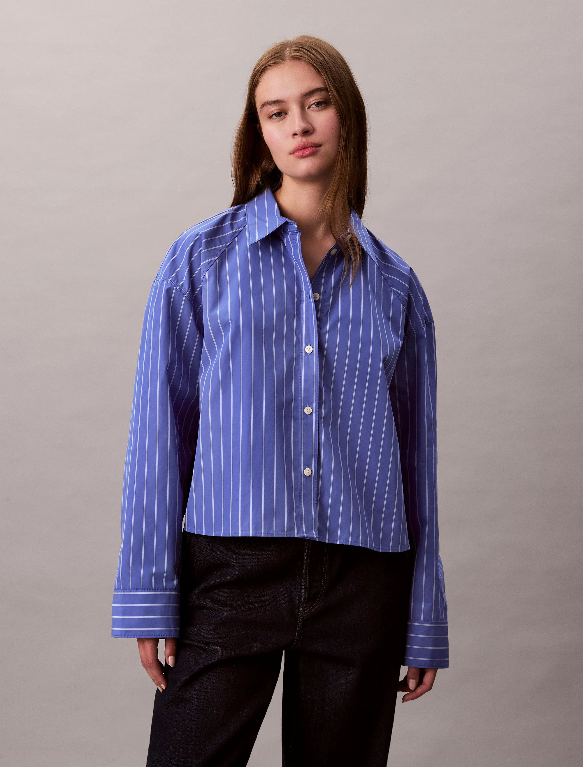 CK JEANS Áo Sơ Mi Nữ Stripe Boxy Cropped Shirt