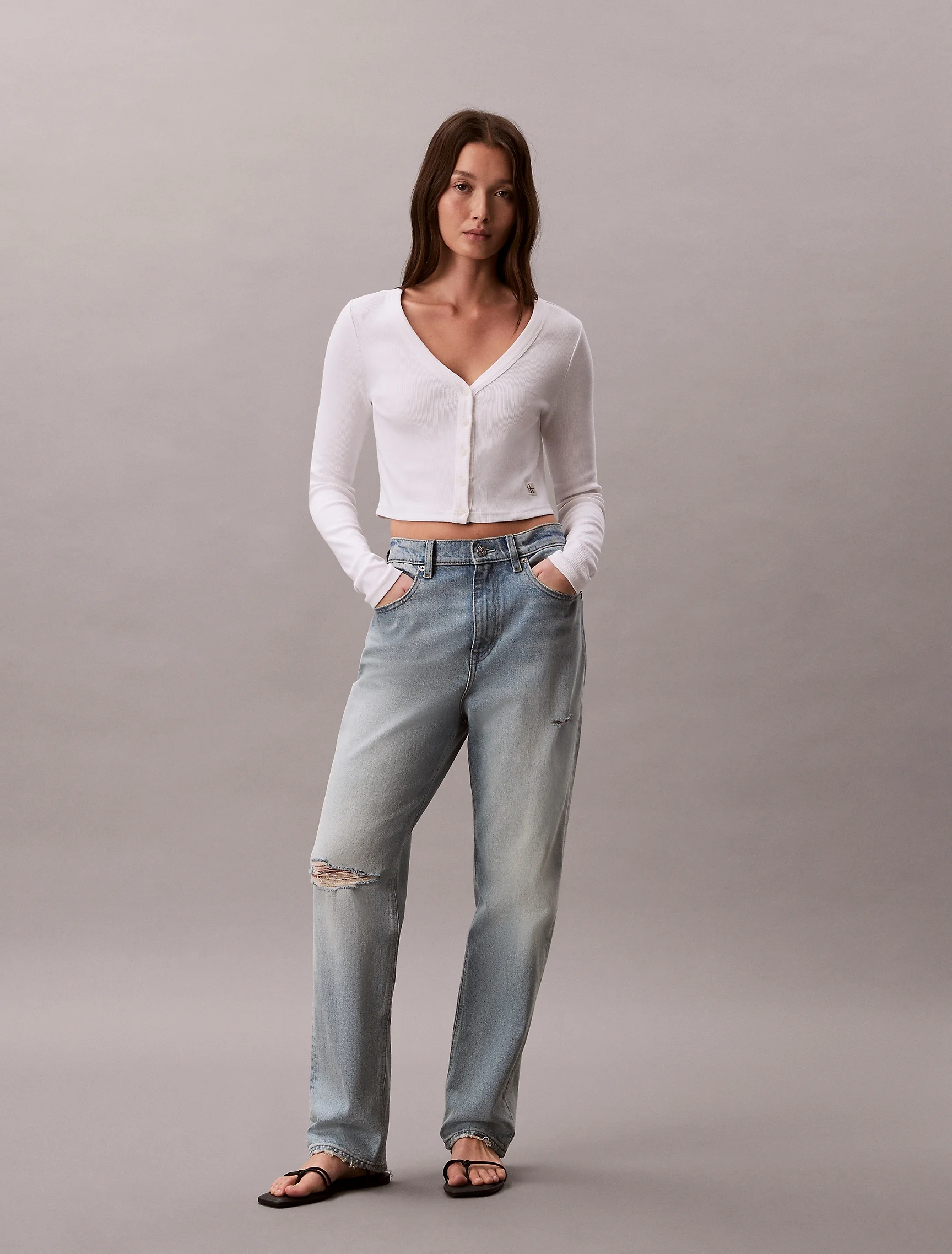 CK JEANS Áo Thun Nữ LS Woven Label 2X2 Baby Rib Ca