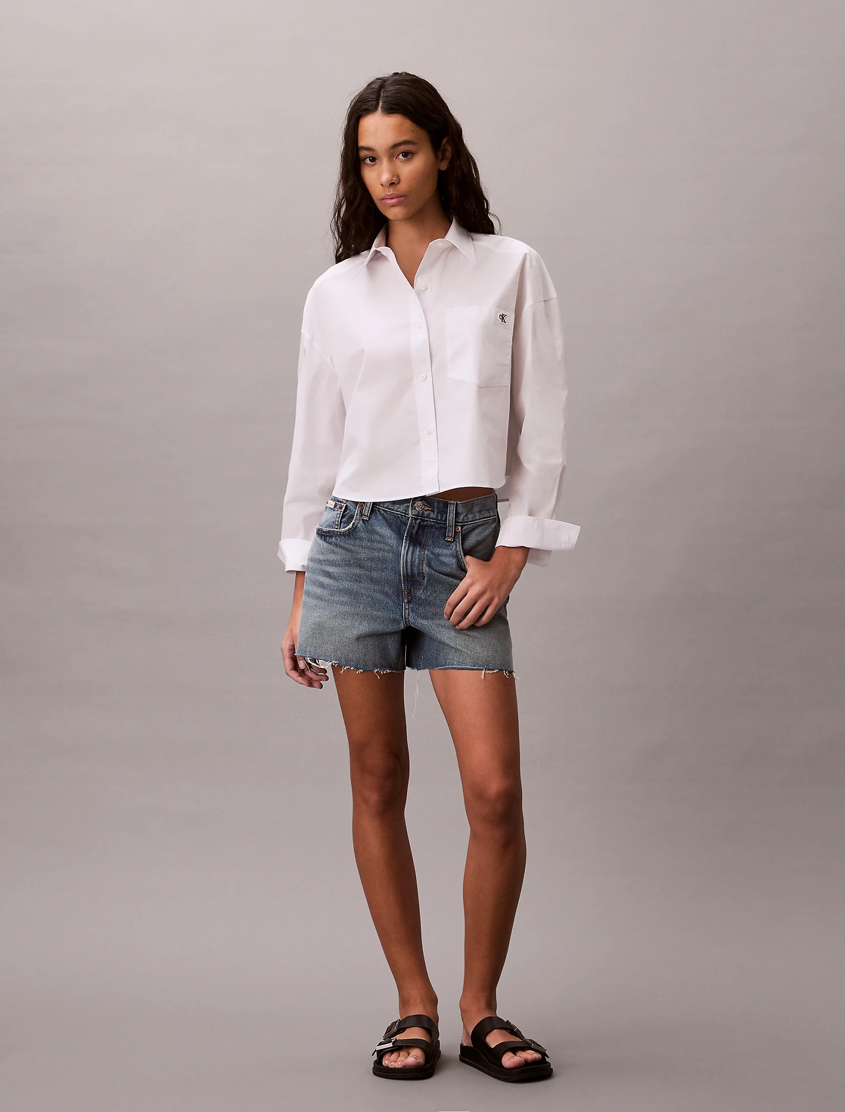 CK JEANS Áo Sơ Mi Nữ Cotton Poplin Cropped Shirt
