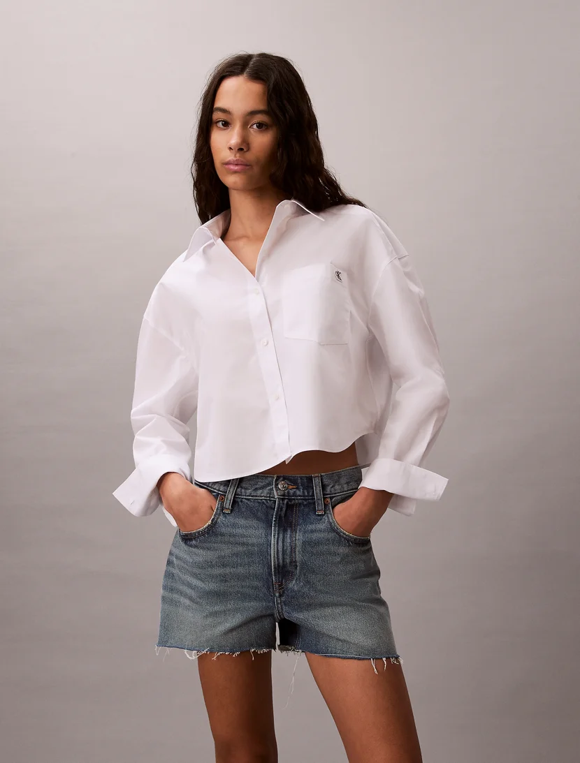 CK JEANS Áo Sơ Mi Nữ Cotton Poplin Cropped Shirt