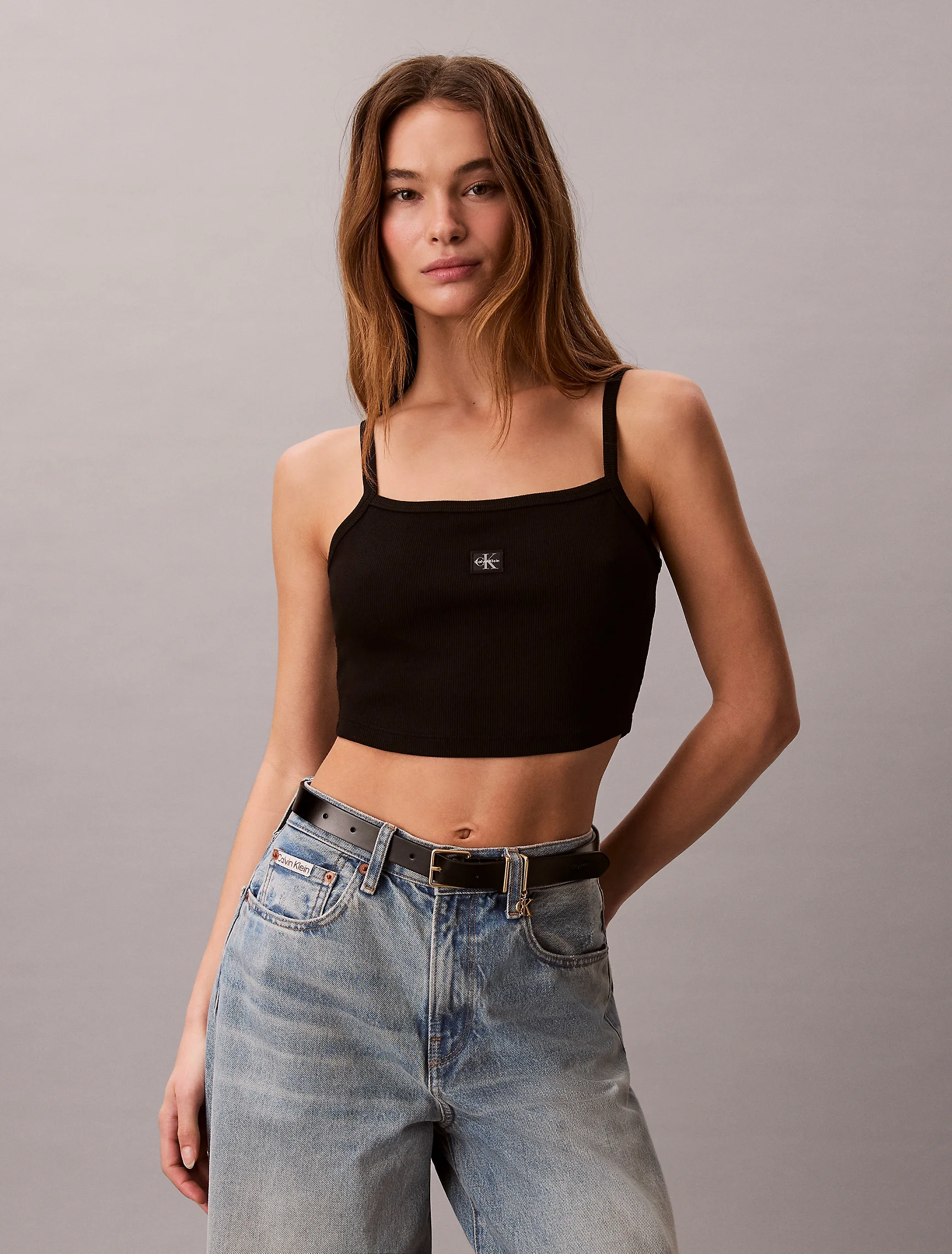 CK JEANS Áo Ba Lỗ Nữ Cropped Ribbed Cotton Cami Top