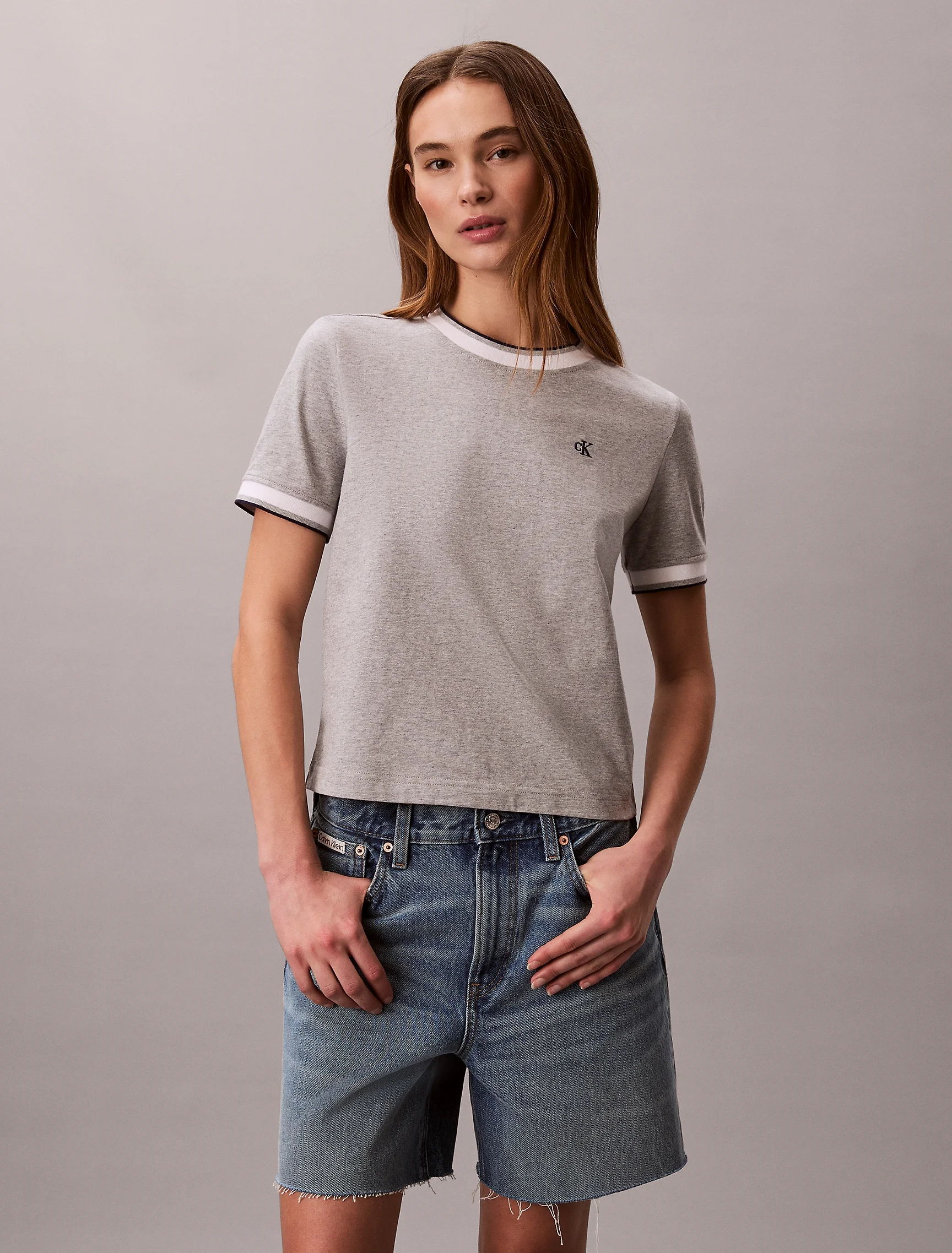 CK JEANS Áo Thun Nữ Monogram Stripe Trim Classic T-Shirt