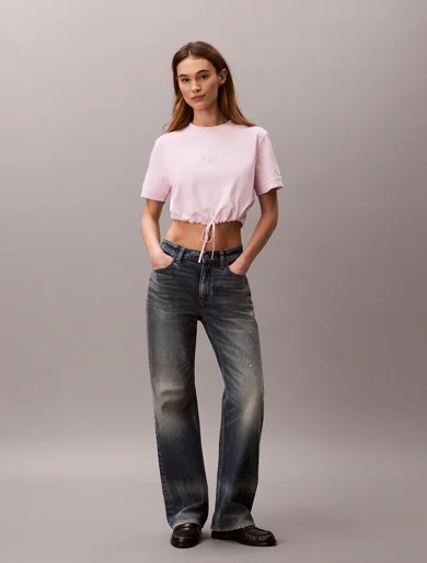 CK JEANS Áo Thun Nữ Cropped Tie Waist Logo T-shirt