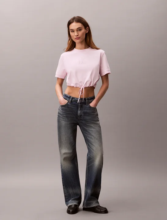 CK JEANS Áo Thun Nữ Cropped Tie Waist Logo T-shirt