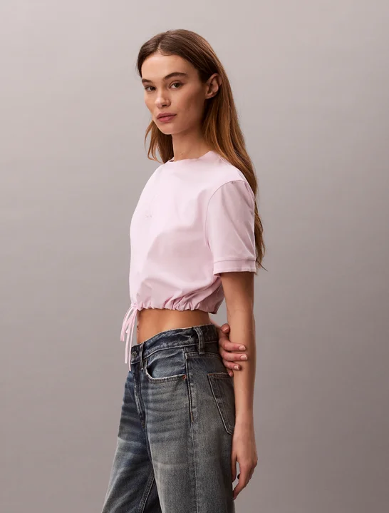 CK JEANS Áo Thun Nữ Cropped Tie Waist Logo T-shirt