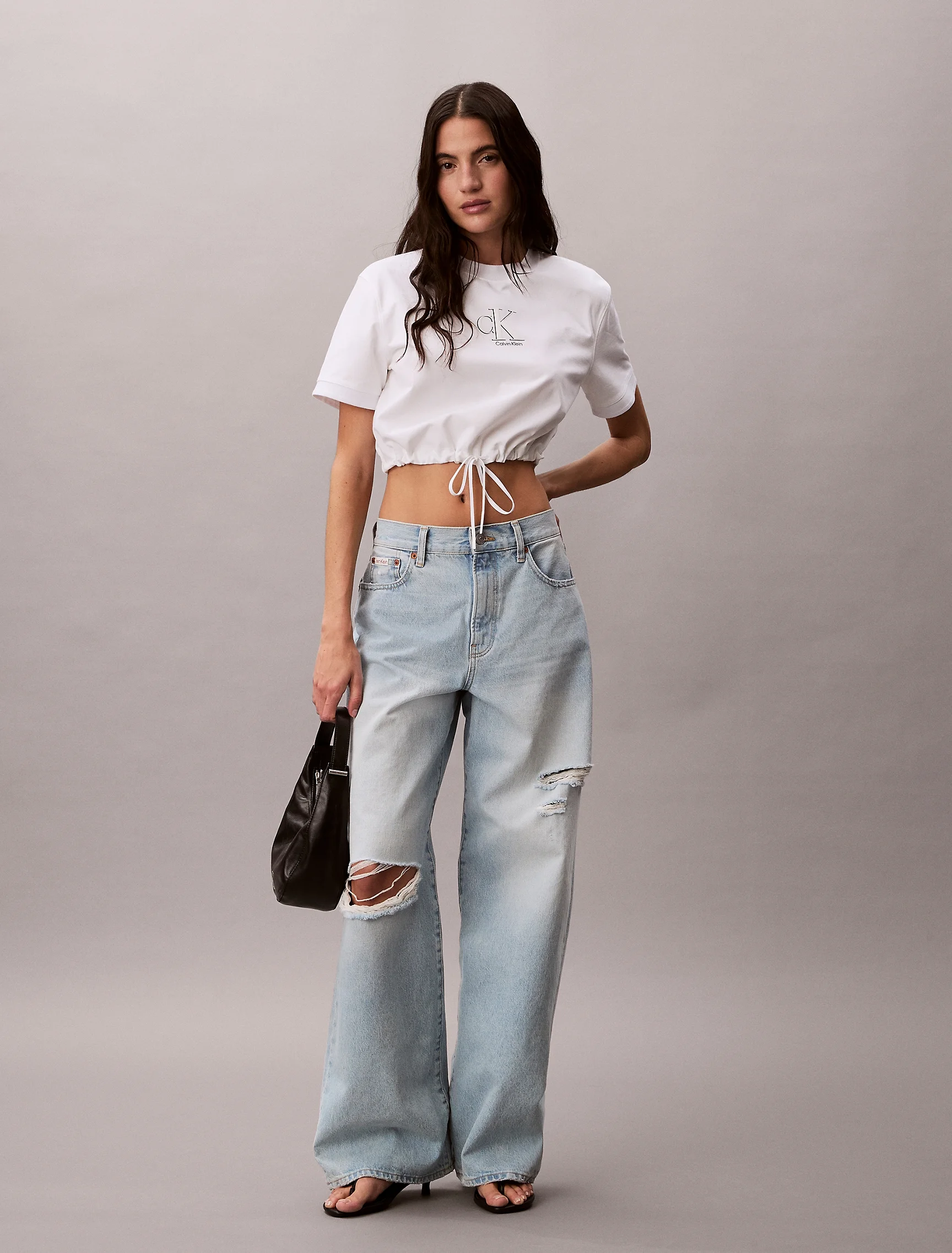 CK JEANS Áo Thun Nữ Cropped Tie Waist Logo T-shirt