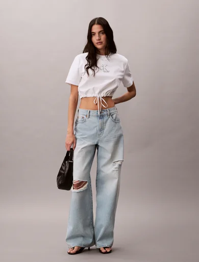CK JEANS Áo Thun Nữ Cropped Tie Waist Logo T-shirt