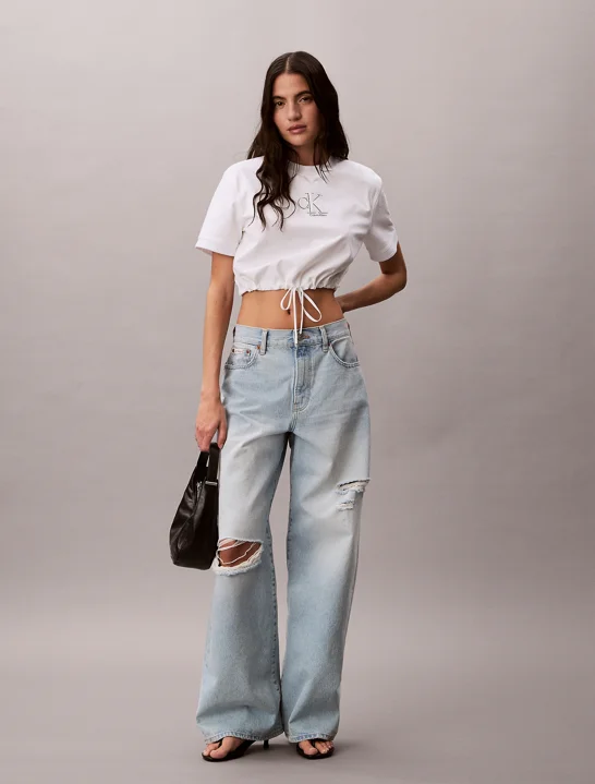 CK JEANS Áo Thun Nữ Cropped Tie Waist Logo T-shirt