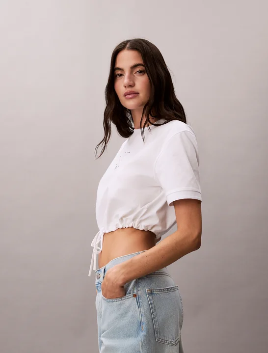 CK JEANS Áo Thun Nữ Cropped Tie Waist Logo T-shirt