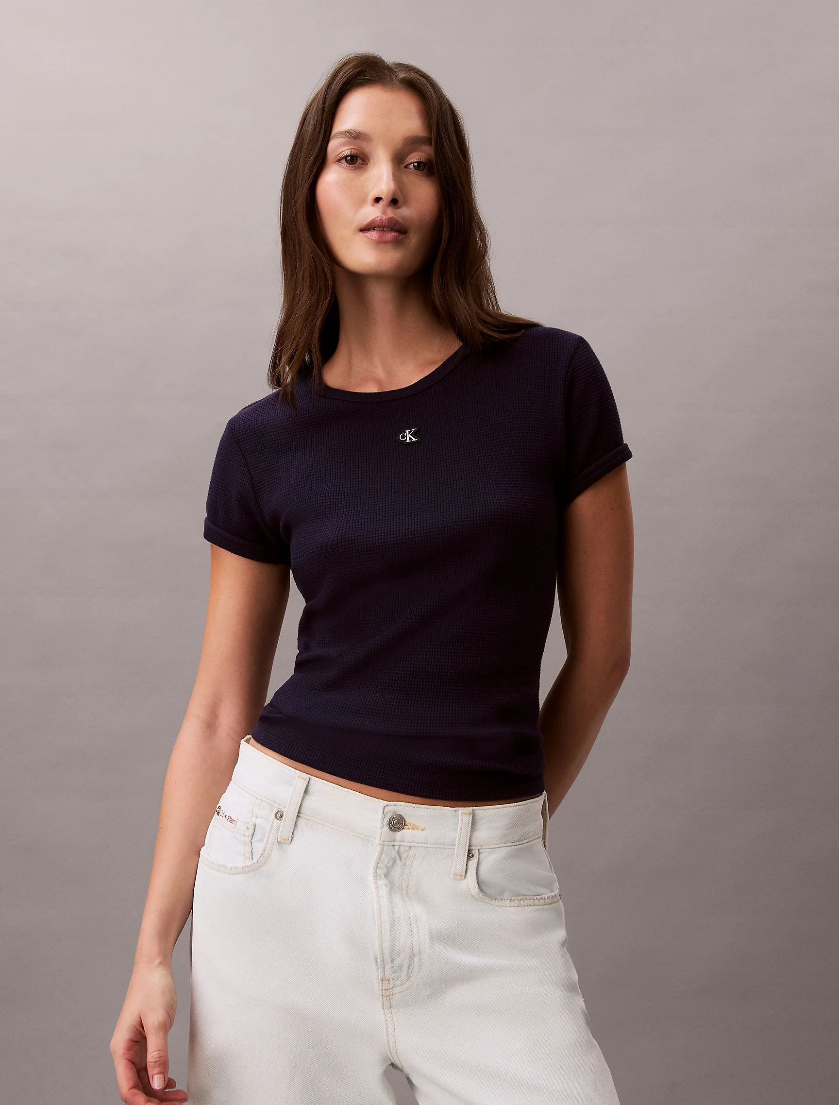 CK JEANS Áo Thun Nữ Monogram Patch Slim Waffle