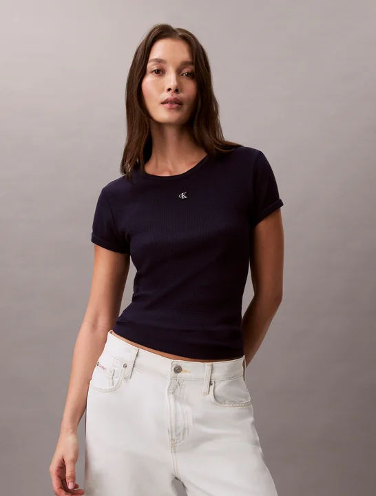CK JEANS Áo Thun Nữ Monogram Patch Slim Waffle