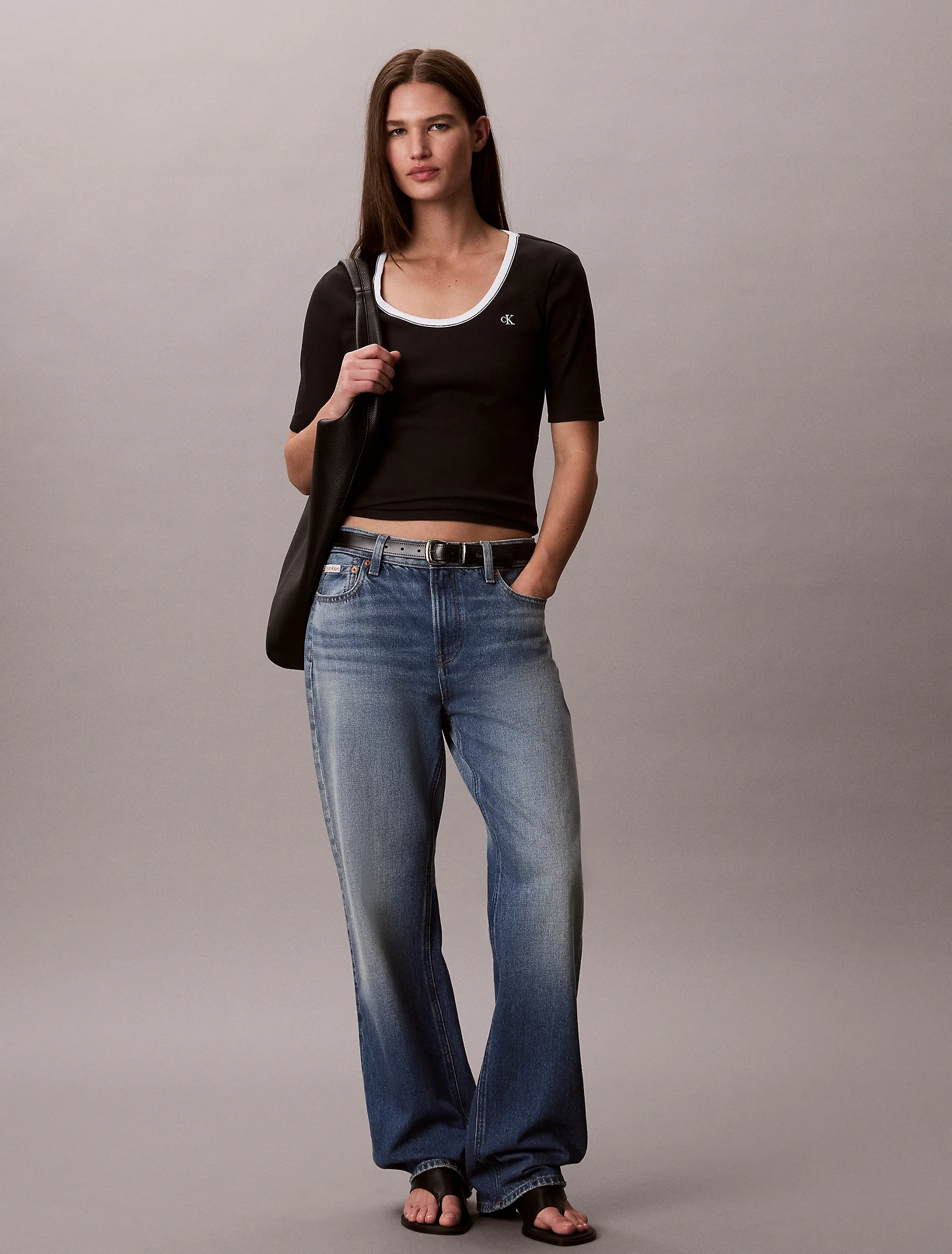 CK JEANS Áo Thun Nữ Slim Ribbed Open Back T-shirt