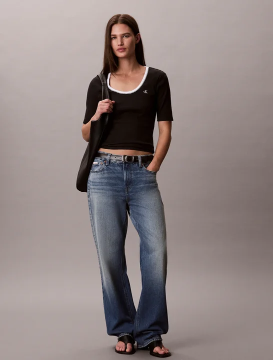 CK JEANS Áo Thun Nữ Slim Ribbed Open Back T-shirt