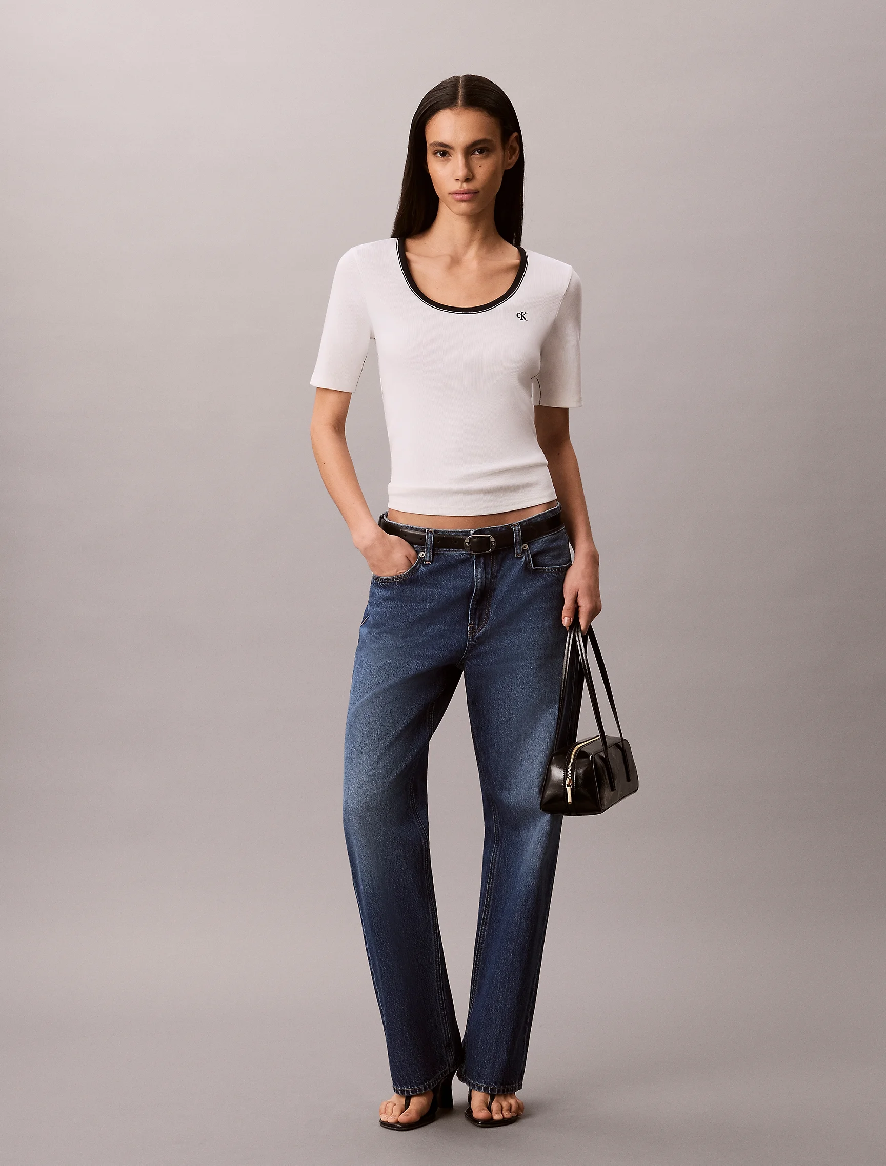 CK JEANS Áo Thun Nữ Slim Ribbed Open Back T-shirt