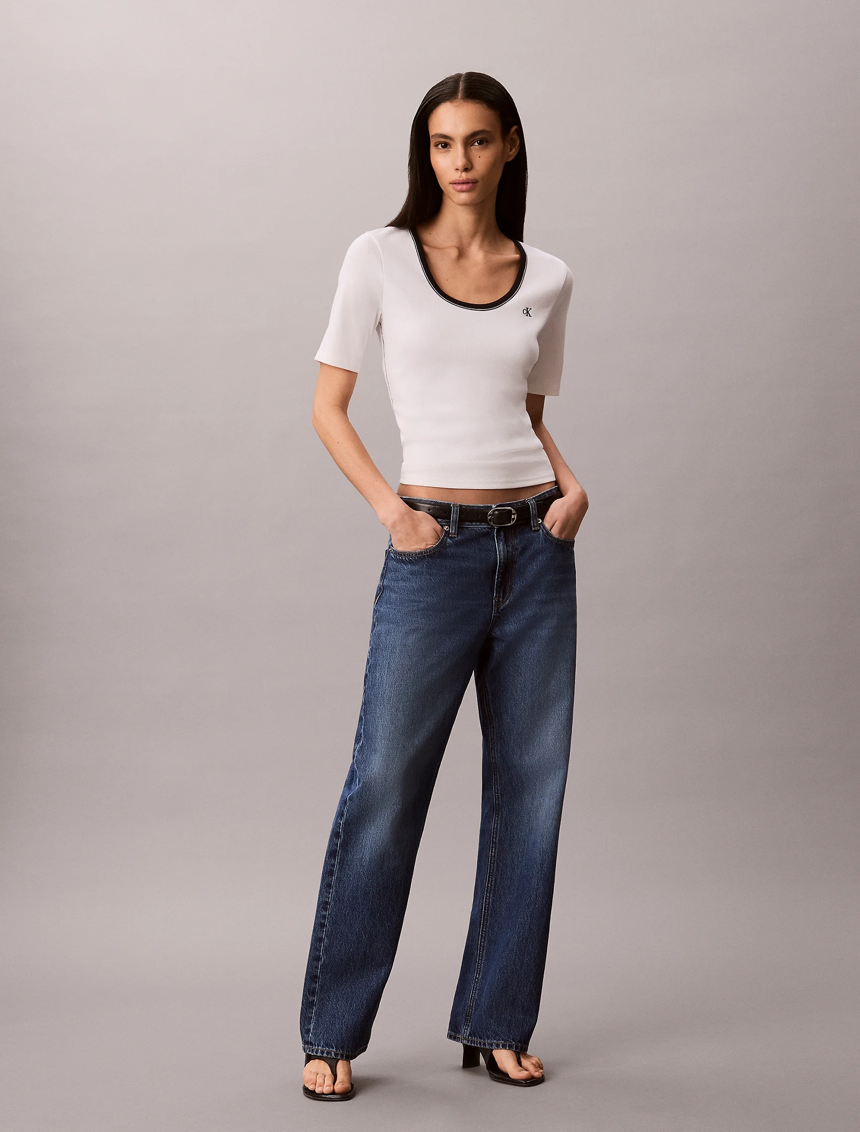 CK JEANS Áo Thun Nữ Slim Ribbed Open Back T-shirt