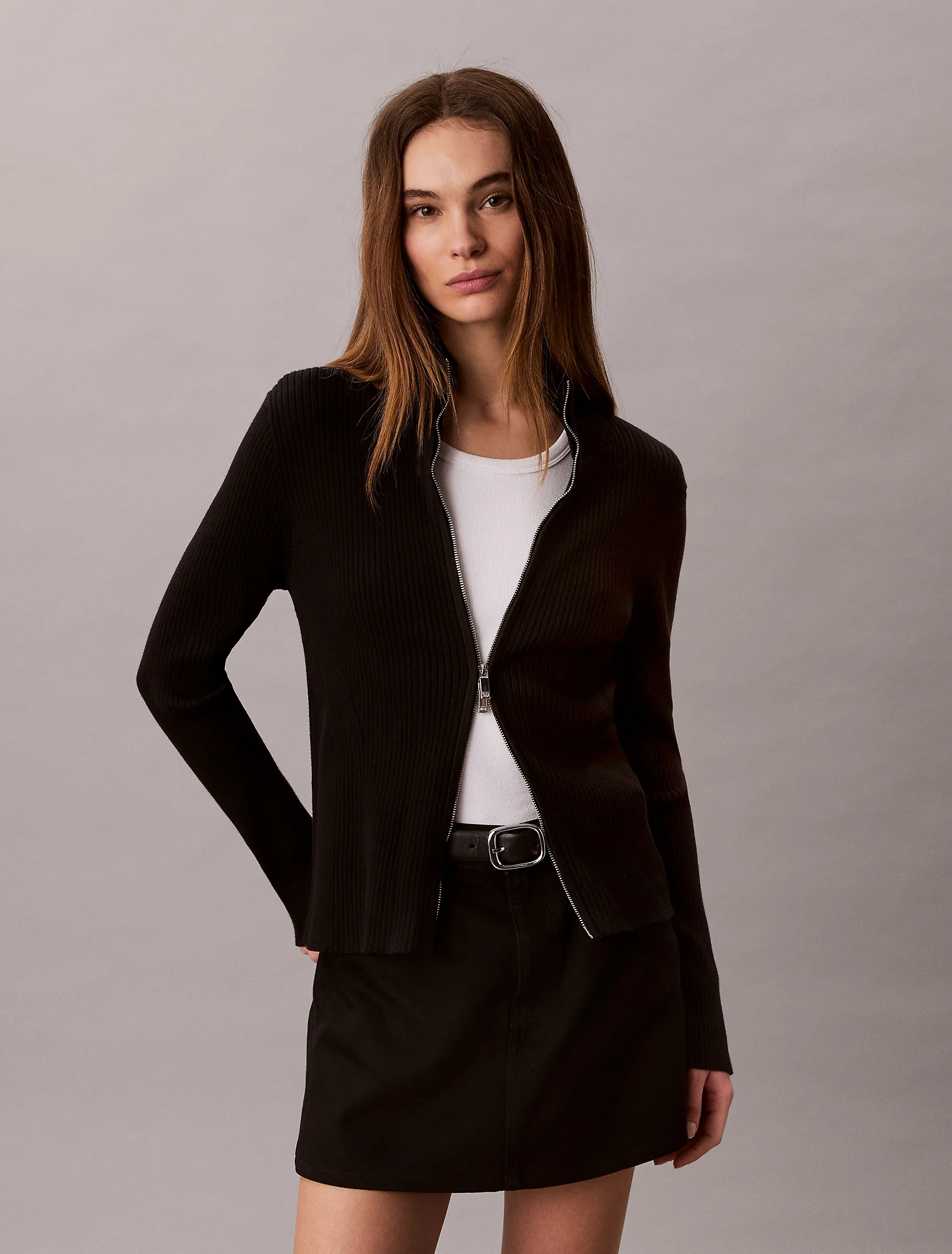 CK JEANS Áo Len Nữ Slim Cotton Rib Zip Up Card