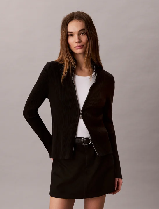 CK JEANS Áo Len Nữ Slim Cotton Rib Zip Up Card