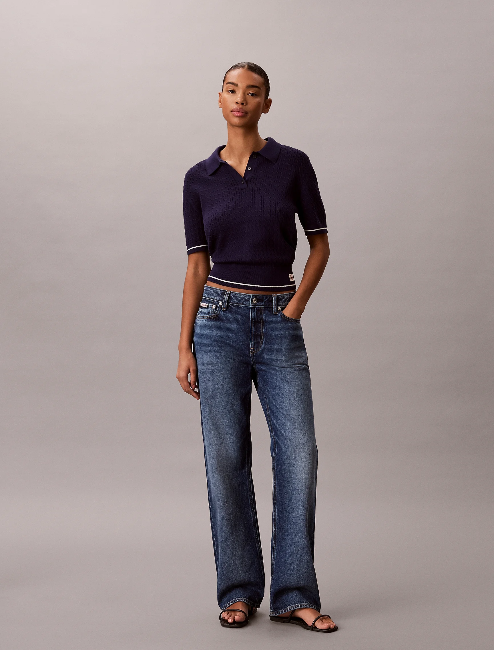 CK JEANS Áo Len Nữ SS Woven Label Cropped