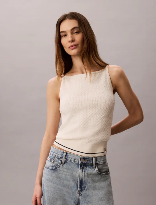 CK JEANS Áo Len Nữ Slim Woven Label Cable Tank