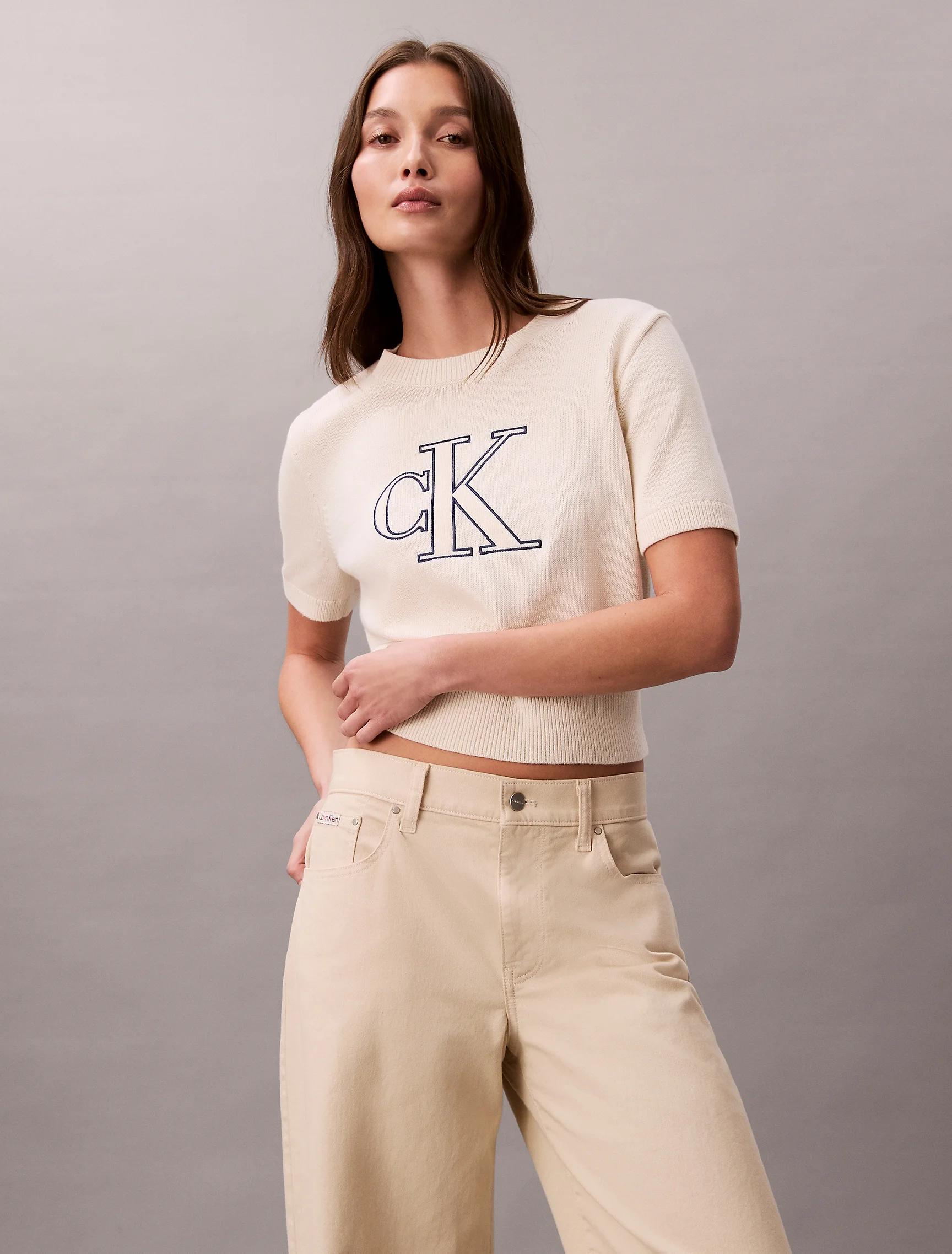 CK JEANS Áo Len Nữ Monogram Cropped Sweater
