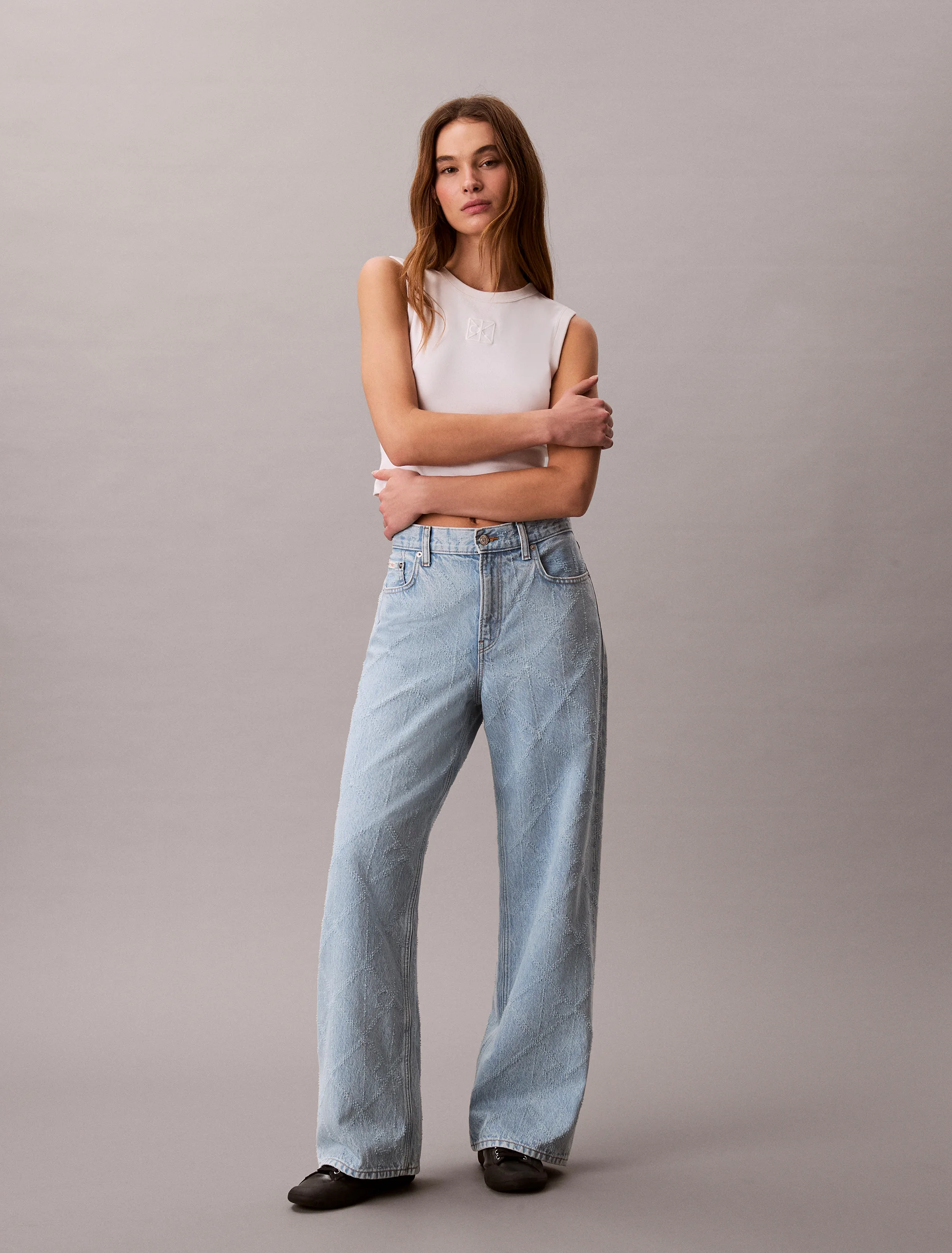 CK JEANS Quần Jeans Nữ All-Over Logo Baggy Jeans